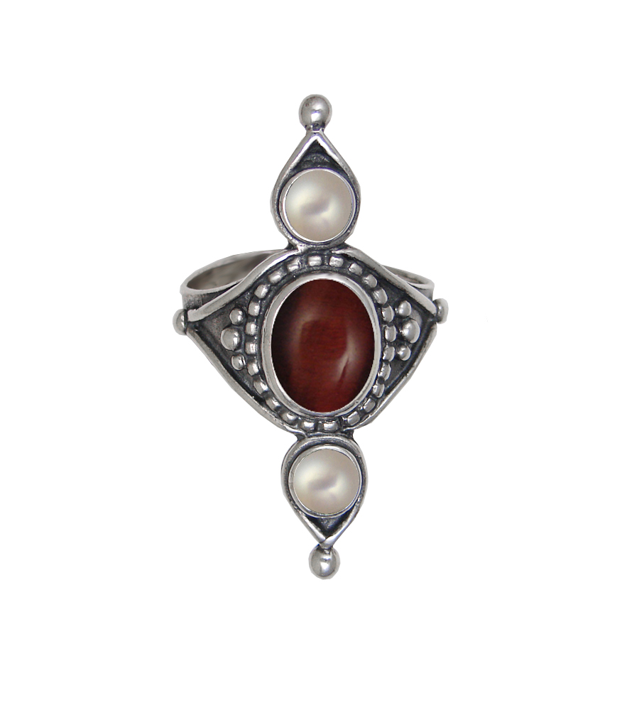 Sterling Silver Royal Ring With Red Tiger Eye And CultuRed Tiger Eye Cultured Freshwater Pearl Size 6